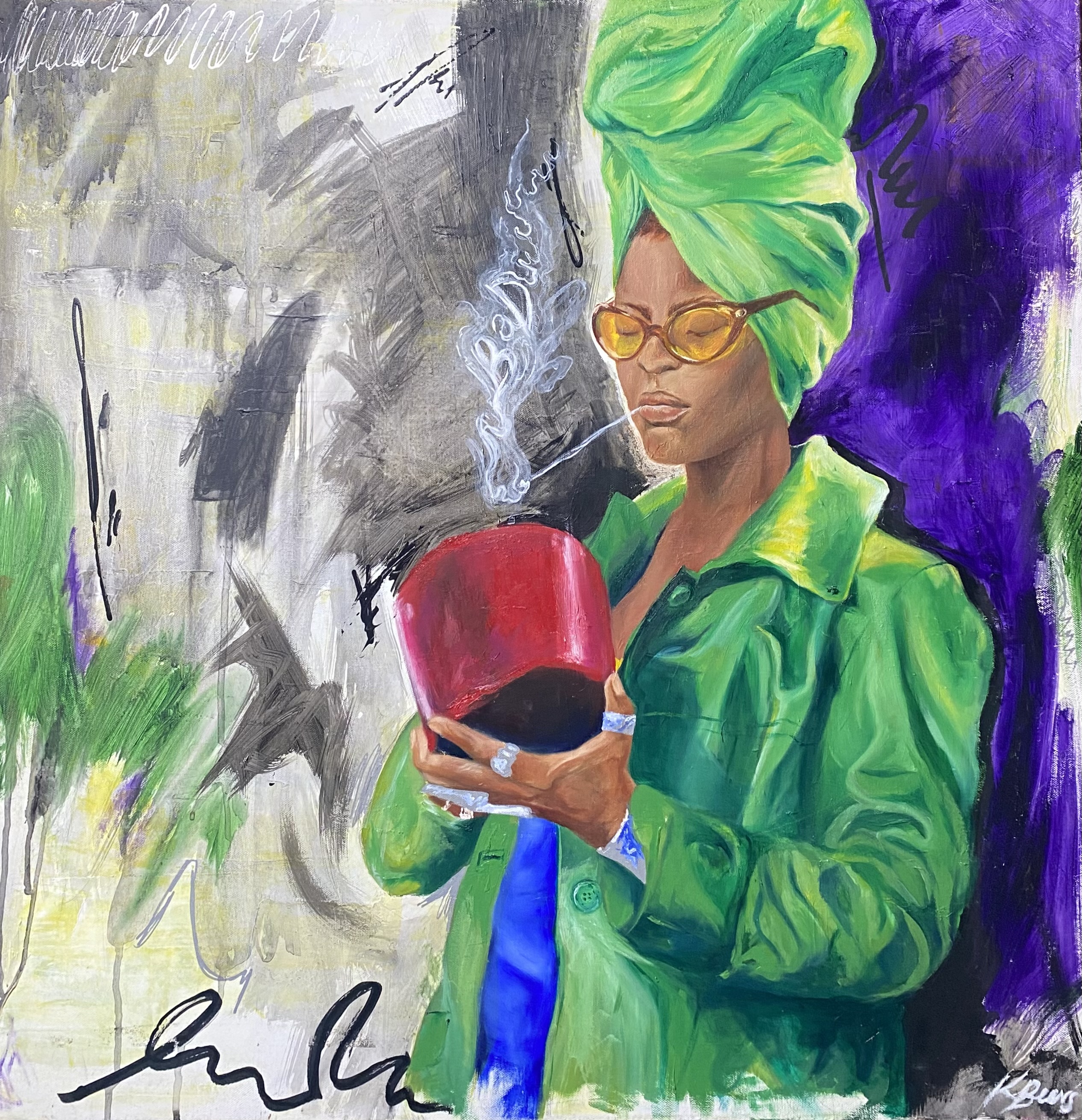 Portrait of woman with green headwrap